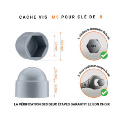 Cache écrou M5 et clé de 8 en couleur gris avec dimensions et guide de mesure correcte du cache vis plastique.