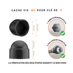 Cache écrou M5 et clé de 8 en couleur noir avec dimensions et guide de mesure correcte du cache vis plastique.