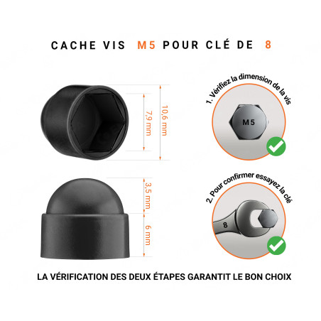 Cache-écrous M5 et clé de 8 en couleur Noir 100 pcs Cache écrou M5 et clé de 8 en couleur noir avec dimensions et guide de mesure correcte du cache vis plastique.