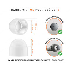 Cache écrou M5 et clé de 8 en couleur blanc_x001f_ avec dimensions et guide de mesure correcte du cache vis plastique.