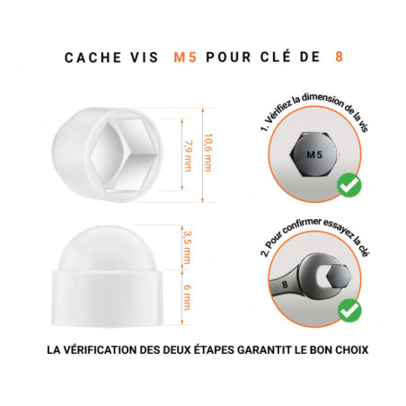 Cache-écrous M5 et clé de 8 en couleur Blanc 10 pcs