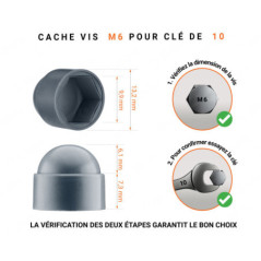 Cache écrou M6 et clé de 10 en couleur anthracite avec dimensions et guide de mesure correcte du cache vis plastique.