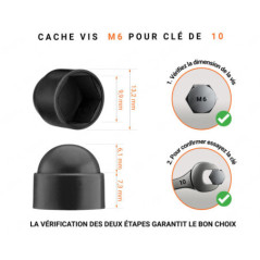 Cache écrou M6 et clé de 10 en couleur noir avec dimensions et guide de mesure correcte du cache vis plastique.