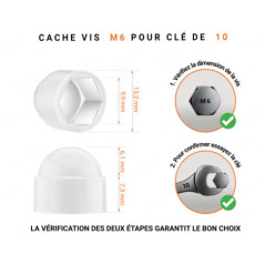 Cache écrou M6 et clé de 10 en couleur blanc_x001f_ avec dimensions et guide de mesure correcte du cache vis plastique.