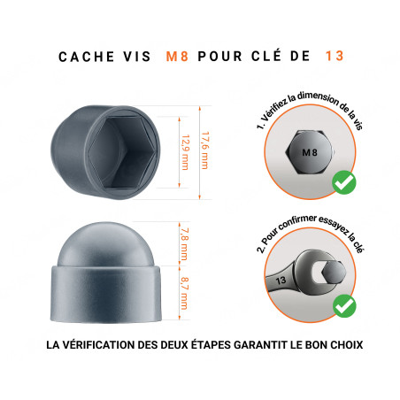 Cache-écrous M8 et clé de 13 en couleur Anthracite 100 pcs Cache écrou M8 et clé de 13 en couleur anthracite avec dimensions et guide de mesure correcte du cache vis plastique.