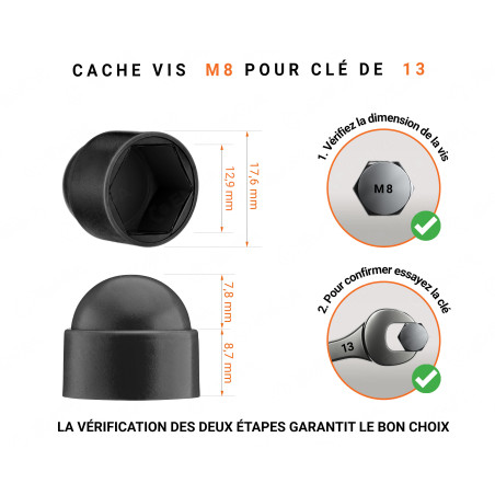 Cache-écrous M8 et clé de 13 en couleur Noir 100 pcs Cache écrou M8 et clé de 13 en couleur noir avec dimensions et guide de mesure correcte du cache vis plastique.
