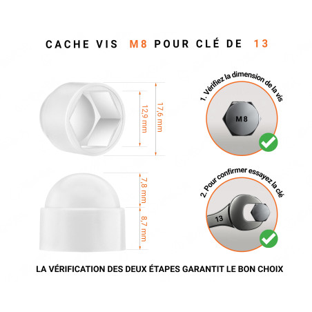 Cache-écrous M8 et clé de 13 en couleur Blanc 100 pcs Cache écrou M8 et clé de 13 en couleur blanc_x001f_ avec dimensions et guide de mesure correcte du cache vis plastique.