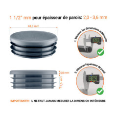 Embout anthracite pour tube rond de 1 1/2" avec dimensions techniques et guide de mesure correcte du bouchon plastique.