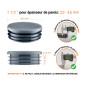 Embout anthracite pour tube rond de 1 1/2" avec dimensions techniques et guide de mesure correcte du bouchon plastique.