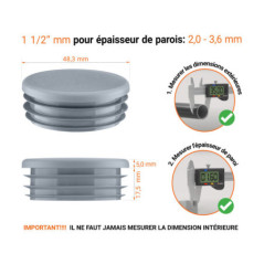 Embout gris pour tube rond de 1 1/2" avec dimensions techniques et guide de mesure correcte du bouchon plastique.