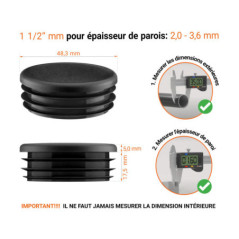 Embout noir pour tube rond de 1 1/2" avec dimensions techniques et guide de mesure correcte du bouchon plastique.