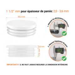 Embout blanc pour tube rond de 1 1/2" avec dimensions techniques et guide de mesure correcte du bouchon plastique.