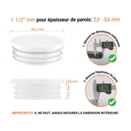 Bouchon plastique pour tube rond 1 1/2" Blanc 10 pcs