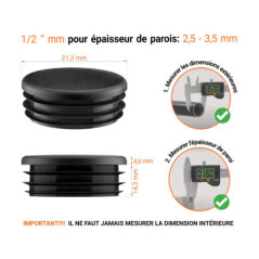 Embout noir pour tube rond de 1/2" avec dimensions techniques et guide de mesure correcte du bouchon plastique.