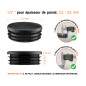 Embout noir pour tube rond de 1/2" avec dimensions techniques et guide de mesure correcte du bouchon plastique.
