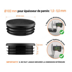 Embout noir pour tube rond de 102 mm avec dimensions techniques et guide de mesure correcte du bouchon plastique.