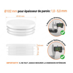 Embout blanc_x001f_ pour tube rond de 102 mm avec dimensions techniques et guide de mesure correcte du bouchon plastique.