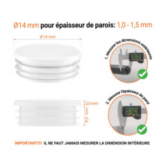 Embout blanc_x001f_ pour tube rond de 14 mm avec dimensions techniques et guide de mesure correcte du bouchon plastique.