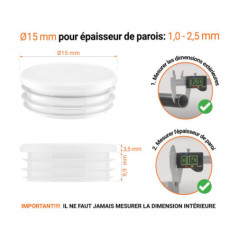 Embout blanc_x001f_ pour tube rond de 15 mm avec dimensions techniques et guide de mesure correcte du bouchon plastique.