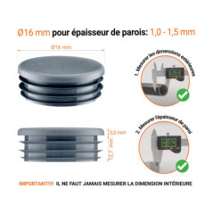 Embout anthracite pour tube rond de 16 mm avec dimensions techniques et guide de mesure correcte du bouchon plastique.