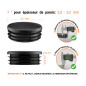 Embout noir pour tube rond de 1" avec dimensions techniques et guide de mesure correcte du bouchon plastique.
