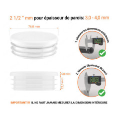 Embout blanc pour tube rond de 2 1/2" avec dimensions techniques et guide de mesure correcte du bouchon plastique.