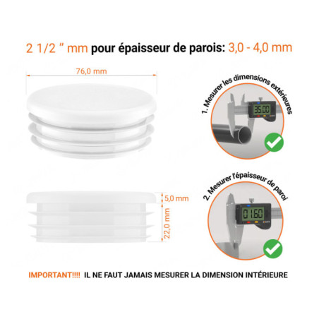 Bouchon plastique pour tube rond 2 1/2" Blanc 10 pcs