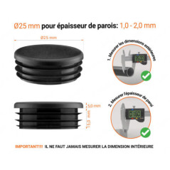 Embout noir pour tube rond de 25 mm avec dimensions techniques et guide de mesure correcte du bouchon plastique.