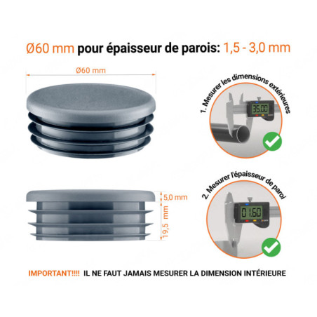 Bouchon plastique pour tube rond 60 mm Anthracite 10 pcs