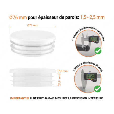 Bouchon plastique  pour tube rond 76 mm Blanc 10 pcs