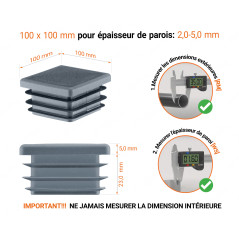Embout anthracite pour tubes carrés de 100x100 mm avec dimensions techniques et guide de mesure correcte du bouchon plastique