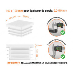 Emboutblanc pour tubes carrés de 100x100 mm avec dimensions techniques et guide de mesure correcte du bouchon plastique