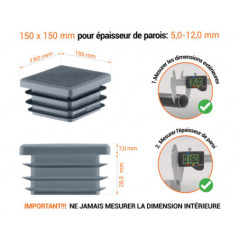 Emboutanthracite pour tubes carrés de 150x150 mm avec dimensions techniques et guide de mesure correcte du bouchon plastique