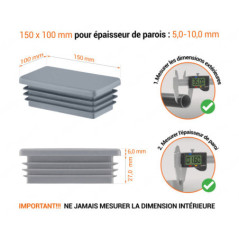 Embout gris pour tubes rectangulaires de 100x150 mm avec dimensions techniques et guide de mesure correcte du bouchon.