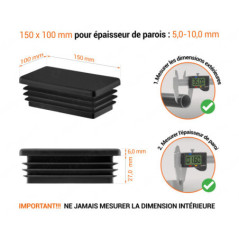 Embout noir pour tubes rectangulaires de 100x150 mm avec dimensions techniques et guide de mesure correcte du bouchon.