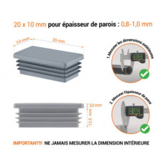 Embout gris pour tubes rectangulaires de 10x20 mm avec dimensions techniques et guide de mesure correcte du bouchon.