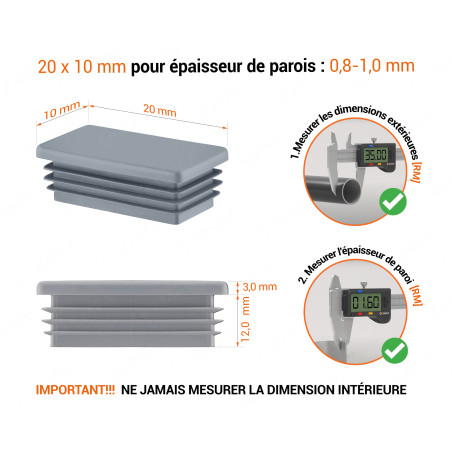 Embout gris pour tubes rectangulaires de 10x20 mm avec dimensions techniques et guide de mesure correcte du bouchon.