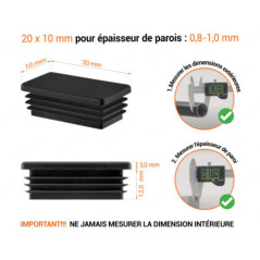 Embout noir pour tubes rectangulaires de 10x20 mm avec dimensions techniques et guide de mesure correcte du bouchon.