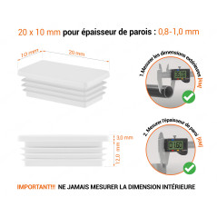 Embout blanc pour tubes rectangulaires de 10x20 mm avec dimensions techniques et guide de mesure correcte du bouchon.