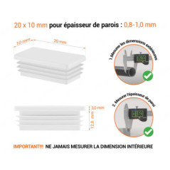 Embout blanc pour tubes rectangulaires de 10x20 mm avec dimensions techniques et guide de mesure correcte du bouchon.