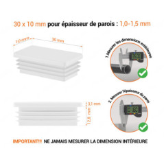 Embout blanc pour tubes rectangulaires de 10x30 mm avec dimensions techniques et guide de mesure correcte du bouchon.