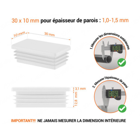 Bouchon plastique pour tube rectangulaire 10x30 mm Blanc 10 pcs