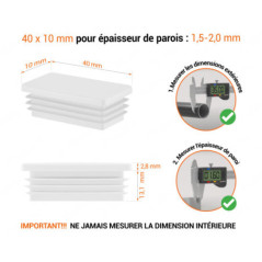 Embout blanc pour tubes rectangulaires de 10x40 mm avec dimensions techniques et guide de mesure correcte du bouchon.