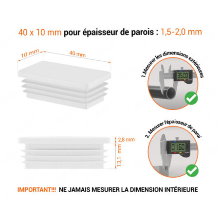 Bouchon plastique pour tube rectangulaire 10x40 mm Blanc 10 pcs