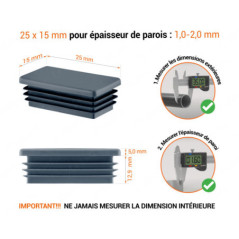 Embout anthracite pour tubes rectangulaires de 15x25 mm avec dimensions techniques et guide de mesure correcte du bouchon.