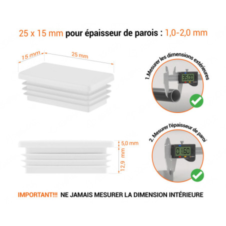 Bouchon plastique pour tube rectangulaire 15x25 mm Blanc 10 pcs