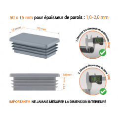Embout gris pour tubes rectangulaires de 15x50 mm avec dimensions techniques et guide de mesure correcte du bouchon.