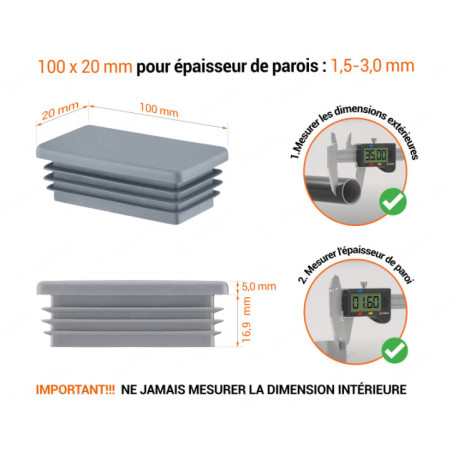 Bouchon plastique pour tube rectangulaire 20x100 mm Gris 10 pcs