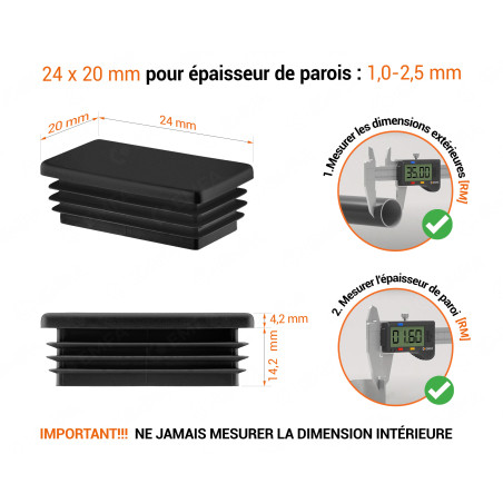 Embout noir pour tubes rectangulaires de 20x24 mm avec dimensions techniques et guide de mesure correcte du bouchon.