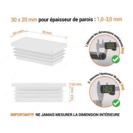 Embout blanc pour tubes rectangulaires de 20x30 mm avec dimensions techniques et guide de mesure correcte du bouchon.